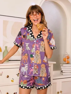 🐾🐾🐾BOGOHO🐾🐾🐾Purple Dog Print Short Pajama Set - Women-XL thumbnail 4