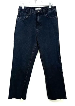 ZARA Acid-Wash black denim high-waist straight leg raw hem jeans Size 8 US‎ thumbnail 1
