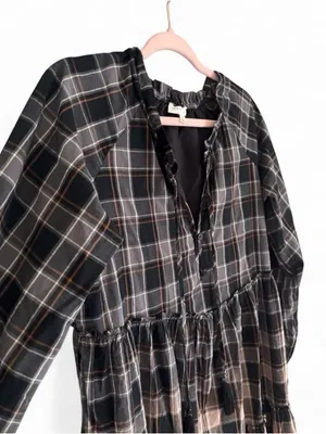 Prómesa Truly Tartan Tiered Midi Prairie Dress Black Brown Ombre Plaid Boho Sz S thumbnail 5