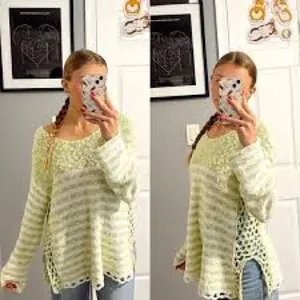 Free People Crochet Loose Fit Scoop Neck Striped Green & White thumbnail 2