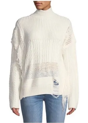 Free Generation Multi Stich Fringe‎ Distressed Turtle Neck Sweater Cream Small thumbnail 1