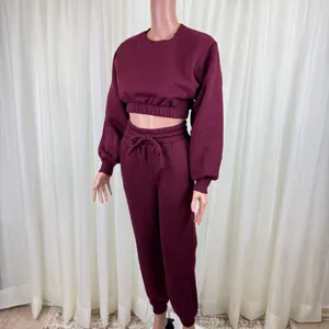 Zenana 2 Pcs Crop Sweatshirt Tracksuit Jogger Pants Set Outfit Active Loungewear Burgundy Size XS thumbnail 3