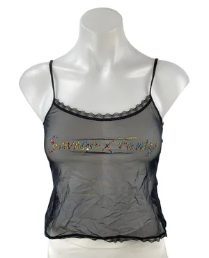 Savage x Fenty Black Rhinestone Logo Lace Sheer Mesh Cami Tank Crop Top Size XS thumbnail 1