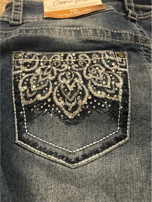 E281 copper flash 10 curvy mid rise bootcut jeans sparkle cute comfy thumbnail 9