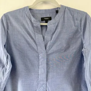 Theory Blue Cotton Chambray Collarless Tunic Shirt Long Sleeve G0704 S thumbnail 3