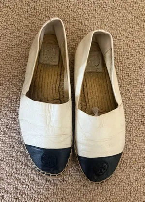Tory Burch Two-Tone White Leather Espadrille Flats with Black Cap Toes thumbnail 1
