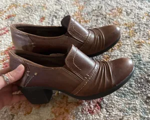 Earth Origins Derby Brown Leather Ruched Block Heel‎ Loafers Womens 7M thumbnail 1