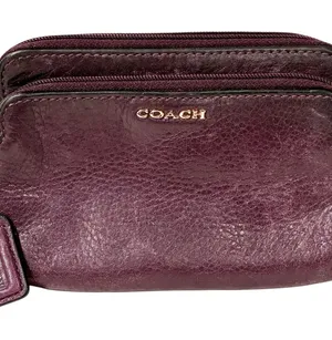 Coach Dark Purple Double Zip Leather Wristlet Pouch thumbnail 1