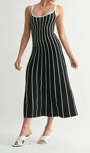 Evenuel Black & White Striped Midi Dress - Classic Sleeveless Style thumbnail 1