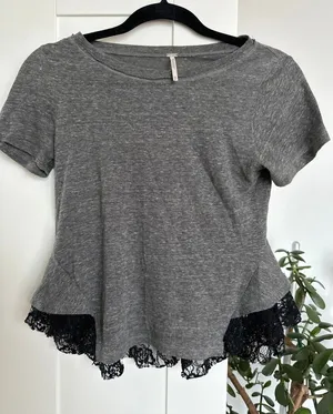 Free People Gray and Black Lace Short Sleeve Peplum T-shirt, Size XS, EUC thumbnail 1
