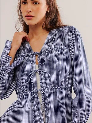 Nigel Preston For Free People Navy Gingham Tie-Front Peasant Blouse thumbnail 1