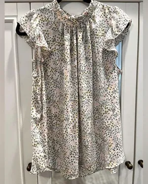 Loft Floral Print Women's Ruffle neck Top EUC Sz L white pink green yellow thumbnail 1