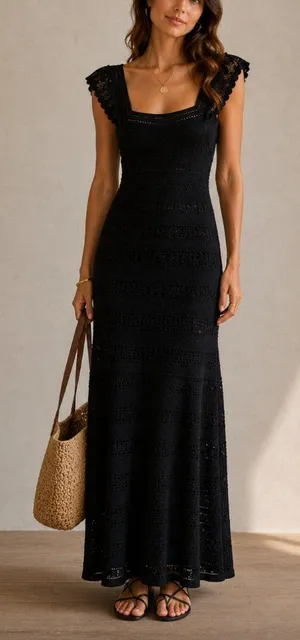 Sézane Isabelle Midi Crochet Knit Dress in Black)NWT Small thumbnail 1