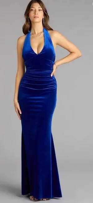 Blue Velvet Old Hollywood Style Floor Length Formal Gown - NEW thumbnail 1