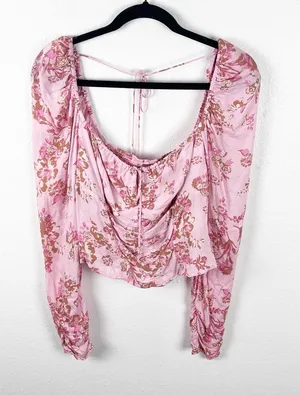 FREE PEOPLE Hilary Pink Floral Tie Closures Ruched Front Puff Sleeves Top Small thumbnail 1