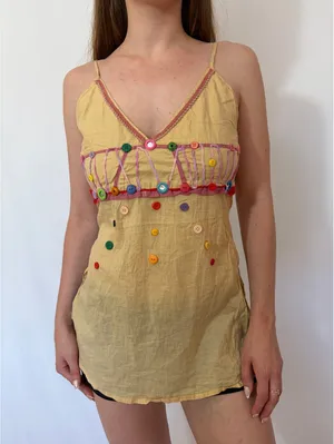 Pale Yellow Button Detail Pink Trim Tie Back Y2k Tank Top thumbnail 3