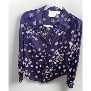 Anthropologie Maeve Fredericka Button Down Top Sz 2 Trees Navy thumbnail 4