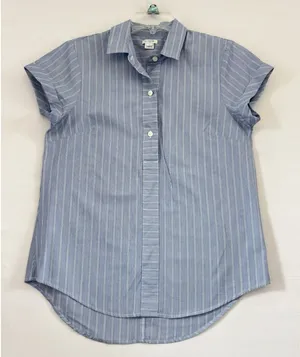 J Crew Womens‎ Blue Popover Top Striped Short Sleeve Collared Button Shirt Small thumbnail 1