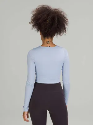 Lululemon ebb Light Blue Long-Sleeve Crop Top - Women's Stretch Shirt thumbnail 3