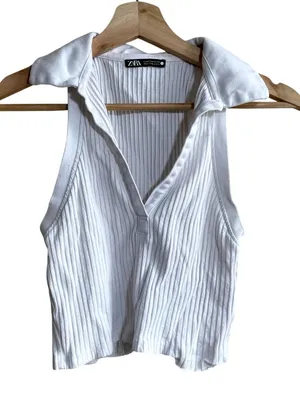 Zara collared‎ sleeveless cropped summer tennis top white ribbed women's M FLAW thumbnail 1