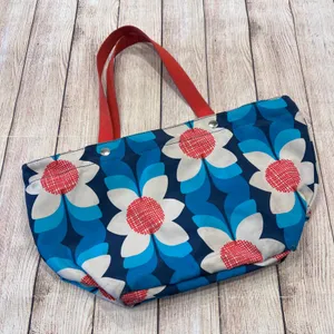 Fossil Floral Nylon Tote Bag Blue White Red‎ Retro Mod Zippered Shopper thumbnail 1