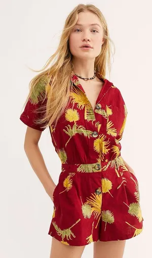 Free People Malibu‎ Tropical Palm Leaf Romper Maroon Red Yellow Small Campy thumbnail 1