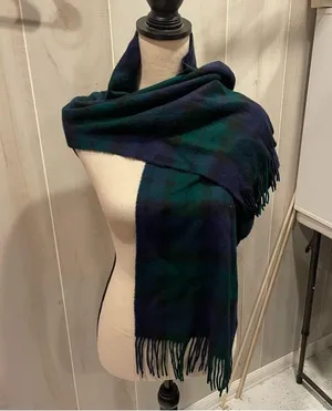 Cute soft fuzzy made in Italy American Eagle plaid scarf fringe navy hunter thumbnail 1