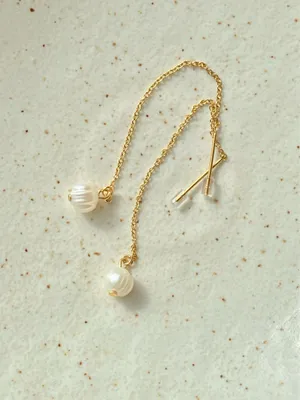 Handmade gold tone stainless steel dainty thread pearl earrings💖 thumbnail 4