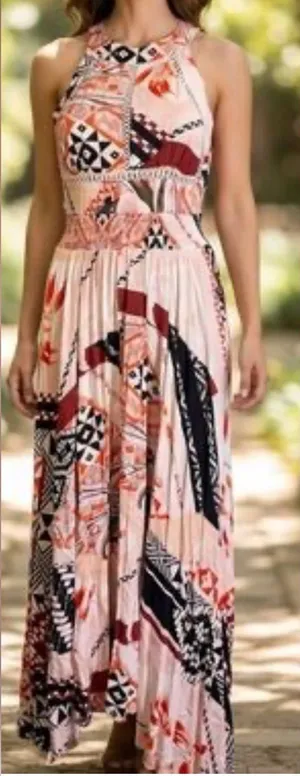 Abel the Label Halter Maxi Dress in Blush Pink/Print Size-X-Small Boho Resort thumbnail 1