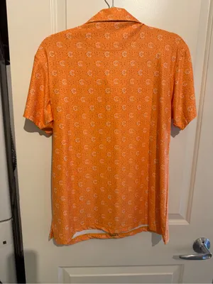 Forged Fabrics Orange Croissant Print Polo Shirt Women’s Medium NWT thumbnail 5