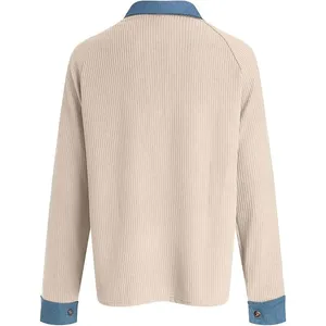 NWOT ~ Women's Beige Ribbed Casual Top with Blue Denim Trim & Collar ~ MEDIUM thumbnail 3