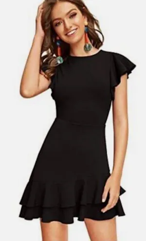 Floerns Black Ruffle Hem Mini Dress Flutter‎ Sleeve Fit and Flare Size L NWT thumbnail 1