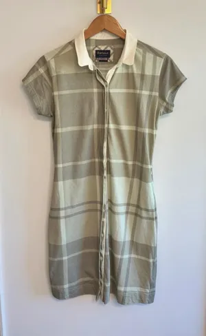 Barbour Tartan Plaid Belted Shirt Dress Green Beige Size 10 Cotton thumbnail 1