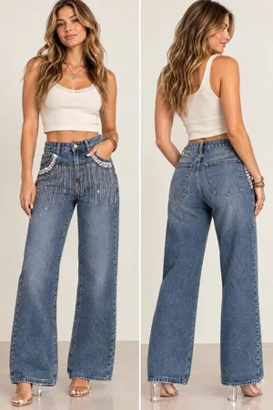 Rhinestone Embellished Wide Leg Jeans Dark Wash Bling Denim Size M thumbnail 2