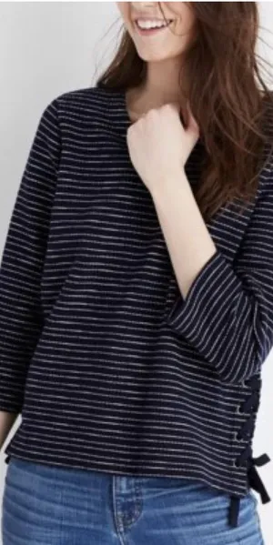Madewell Striped Side-Lace Deep Navy and White Long sleeve Top thumbnail 1