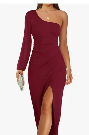 One shoulder Long Sleeve Dress, Sexy high Slit Ruched Bodycon Wedding Guest max thumbnail 2
