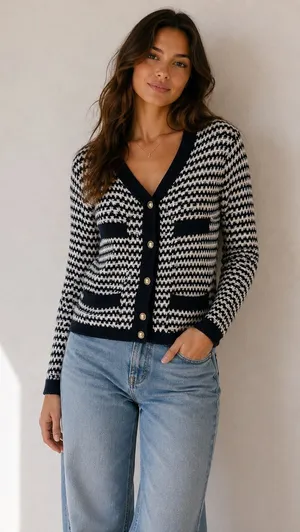 Free Assembly Womens Navy White Textured Knit Gold Button Cardigan Sweater M thumbnail 1