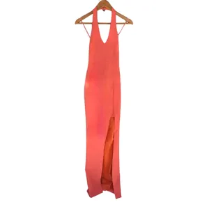 NEW LIKELY Rudina Gown Coral Halter Prom Dress Maxi Leg Slit V-Neck Orange 0 thumbnail 3