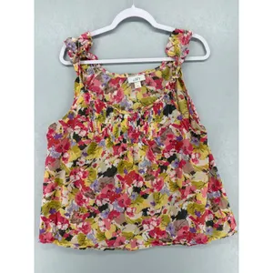 LOFT Floral Tank Top Women Large Multicolor Smocked Ruffle Strap Boho Scoop Neck thumbnail 3