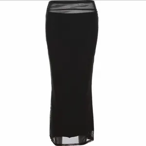 Black Minimalist Y2K Mesh Stretchy Flowy Elastic High Waisted Long Maxi Skirt thumbnail 3