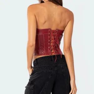 Edikted Moss Faux Leather Lace Up Corset Burgundry NEW Medium thumbnail 10