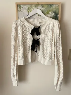 A Loves A Bow Front Cable Knit Bobble Pom Pom Cardigan Sweater Medium thumbnail 2