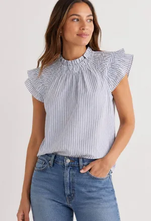 J.CREW Striped Flutter Sleeve Blouse 100% Cotton Blouse Top thumbnail 1