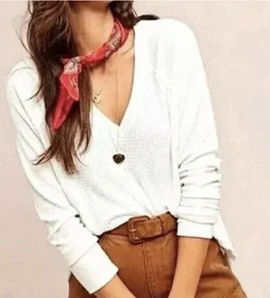 Anthro Maeve Pearson‎ Thermal Waffle Knit Long Sleeve V Neck Top Women Large thumbnail 1