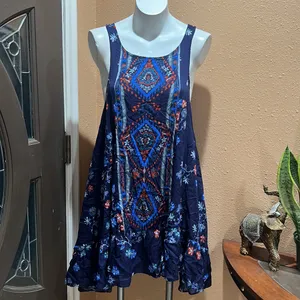 Free people blue patterned open back flowy dress thumbnail 2