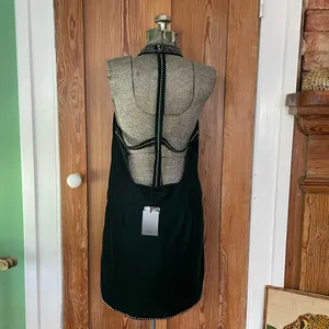 NWT NBDxRevolve Lourdes Green Velvet High Neck Beaded Open Back Mini Dress~ L🧡🎀 thumbnail 8