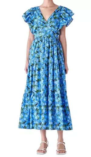 English Factory Women's Floral-Print Tiered Flutter-Sleeve Dress Blue Sz XS NWT thumbnail 1