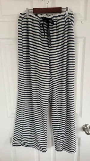 NWT MAEVE Plush Lounge Pants S Black White Stripe Wide Leg Cozy Soft Pajama thumbnail 1