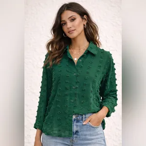 Forest Green sheer button down long sleeve blouse with textured dots thumbnail 10