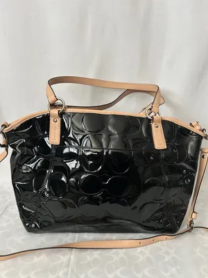 Coach Black Patent Leather w/ Tan Leather Trim Tote Shoulder Bag Purse ♥️♥️ thumbnail 2